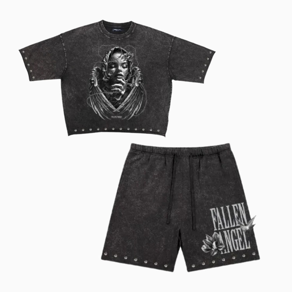 Men's Fallen Angel Enzyme Washed Studded Outfit