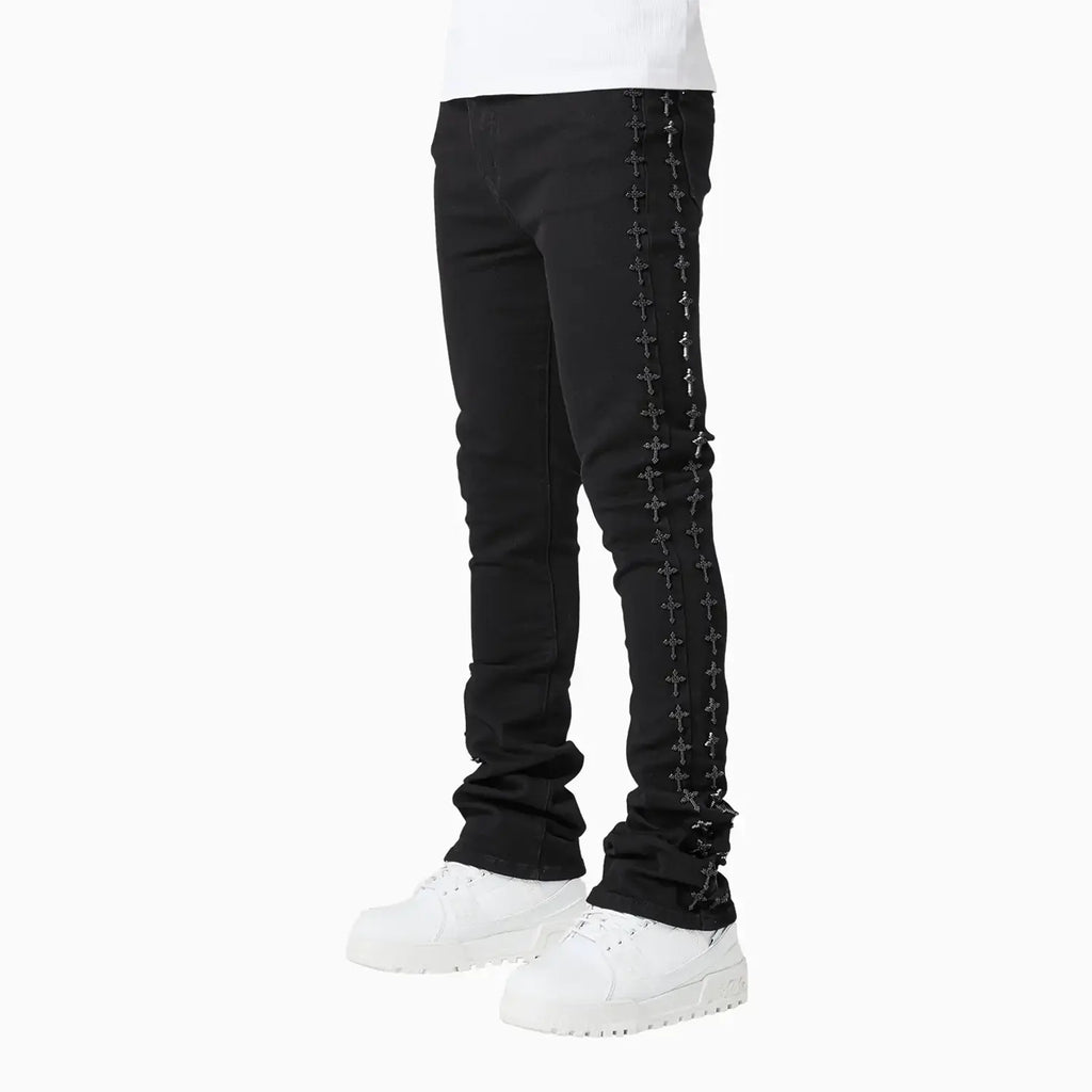 Pantalon en jean noir avec croix brodées pour homme