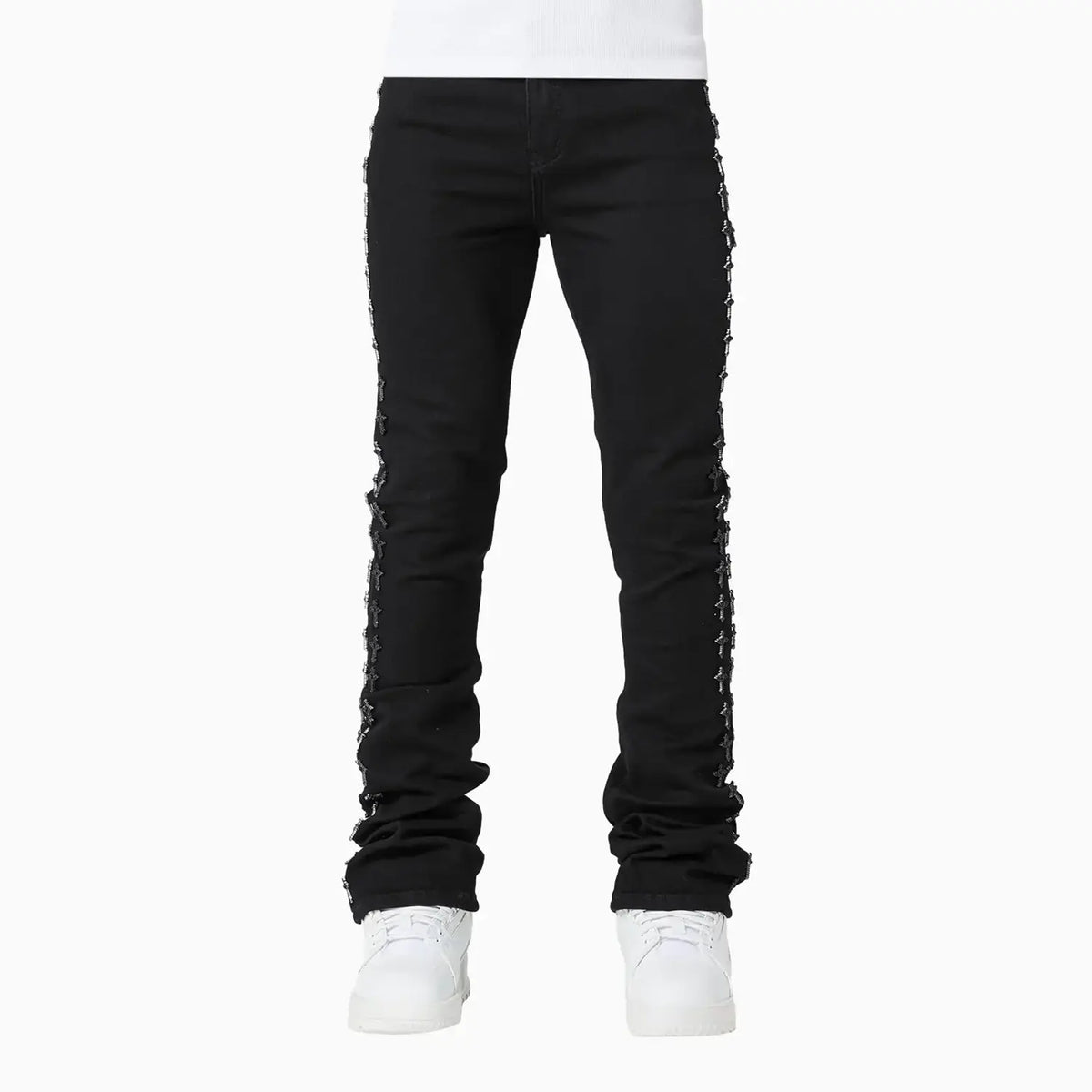 Pantalon en jean noir avec croix brodées pour homme