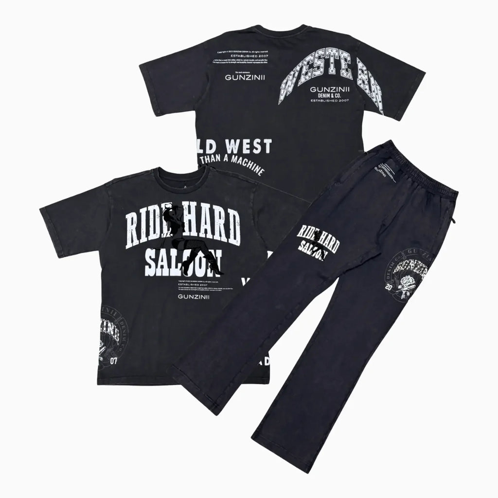 Ensemble de survêtement homme Ride Hard délavé noir avec motif graphique