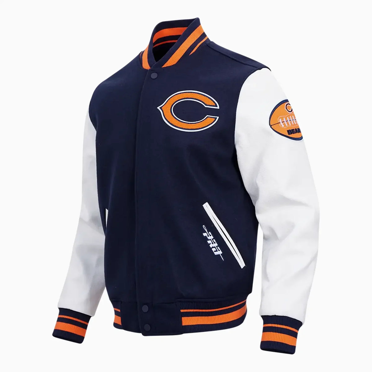 Chaqueta universitaria de lana con cuello canalé estilo inglés antiguo de los Chicago Bears para hombre