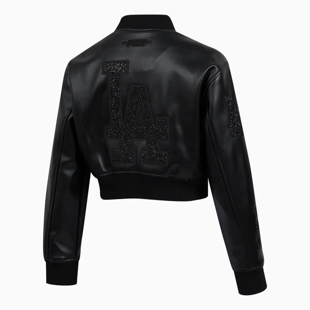 Blouson teddy court en cuir lavé orné de cristaux MLB des Los Angeles Dodgers pour femme