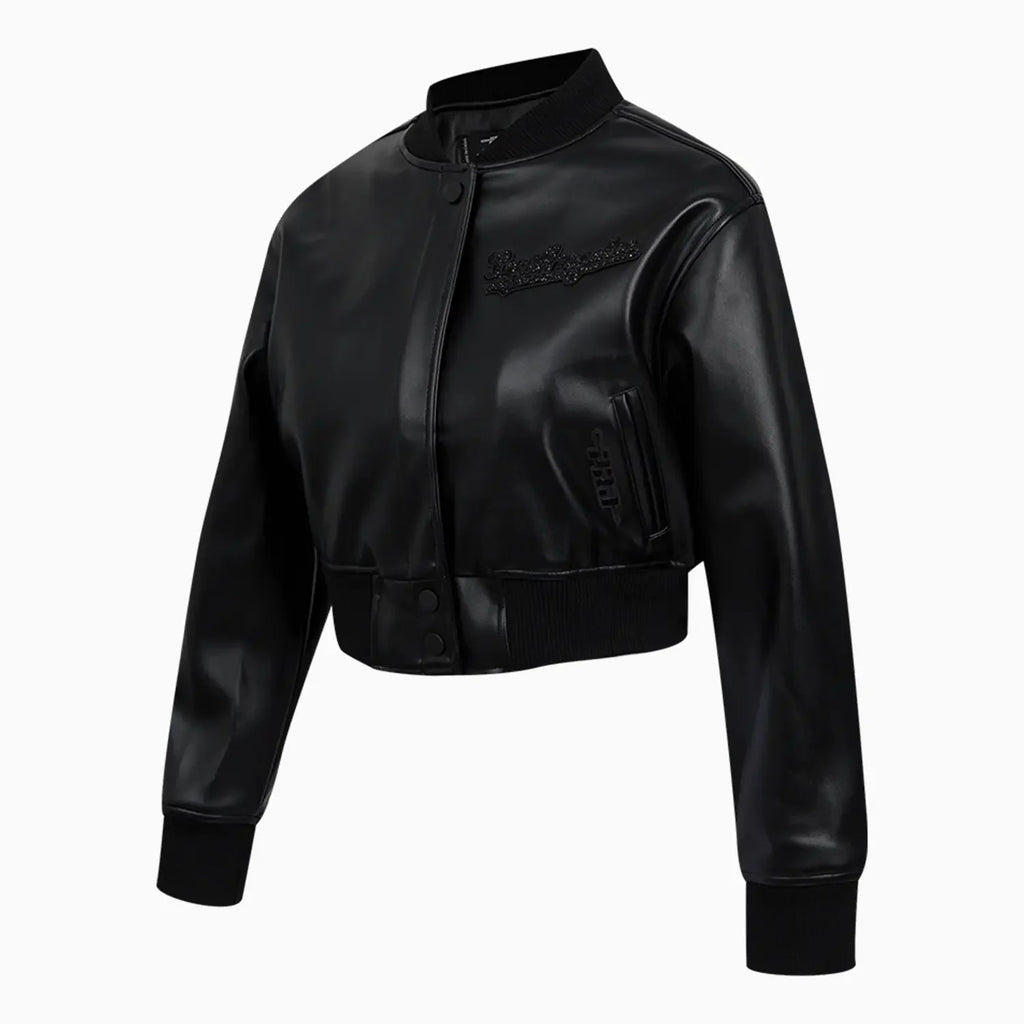 Blouson teddy court en cuir lavé orné de cristaux MLB des Los Angeles Dodgers pour femme