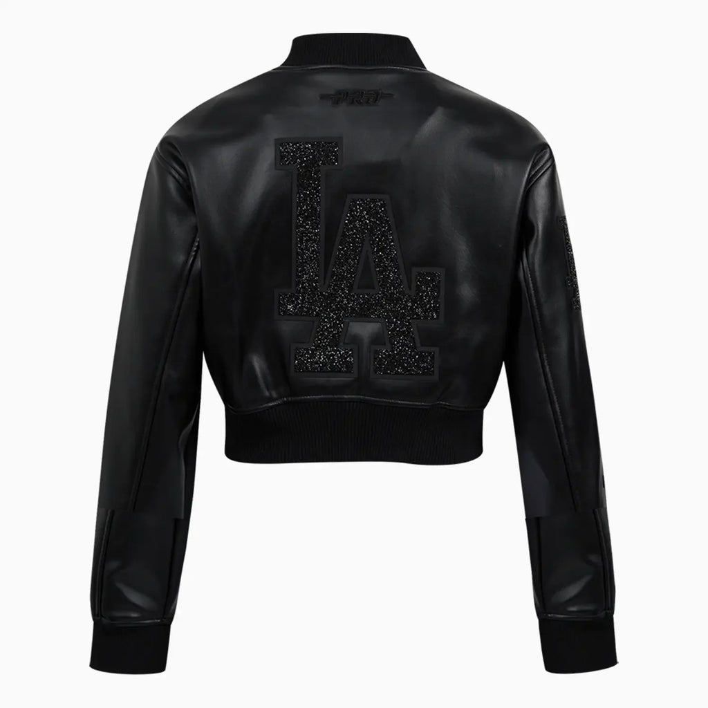 Blouson teddy court en cuir lavé orné de cristaux MLB des Los Angeles Dodgers pour femme