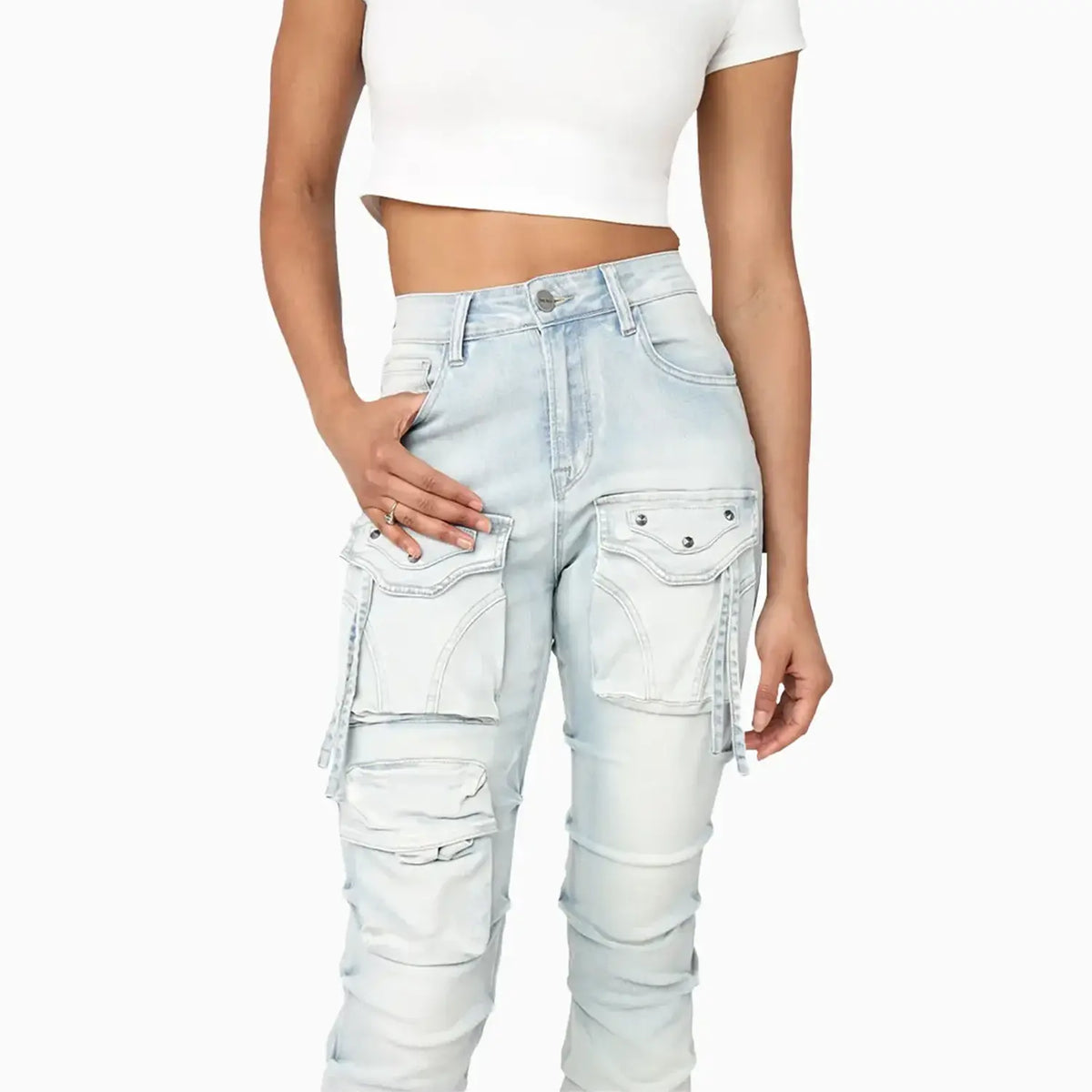 Pantalones vaqueros apilados de tiro alto con lavado claro para mujer