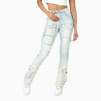 Pantalones vaqueros apilados de tiro alto con lavado claro para mujer