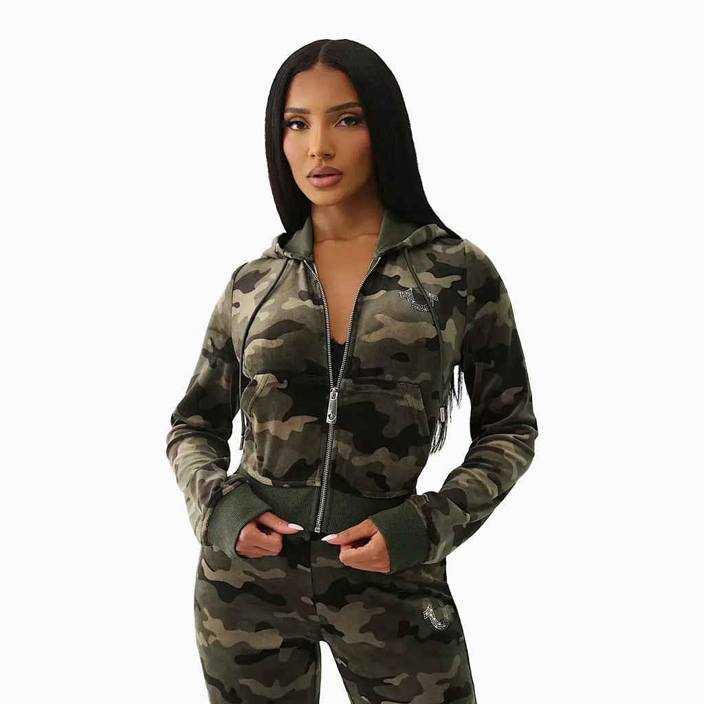 Conjunto de velour camuflado encogido para mujer