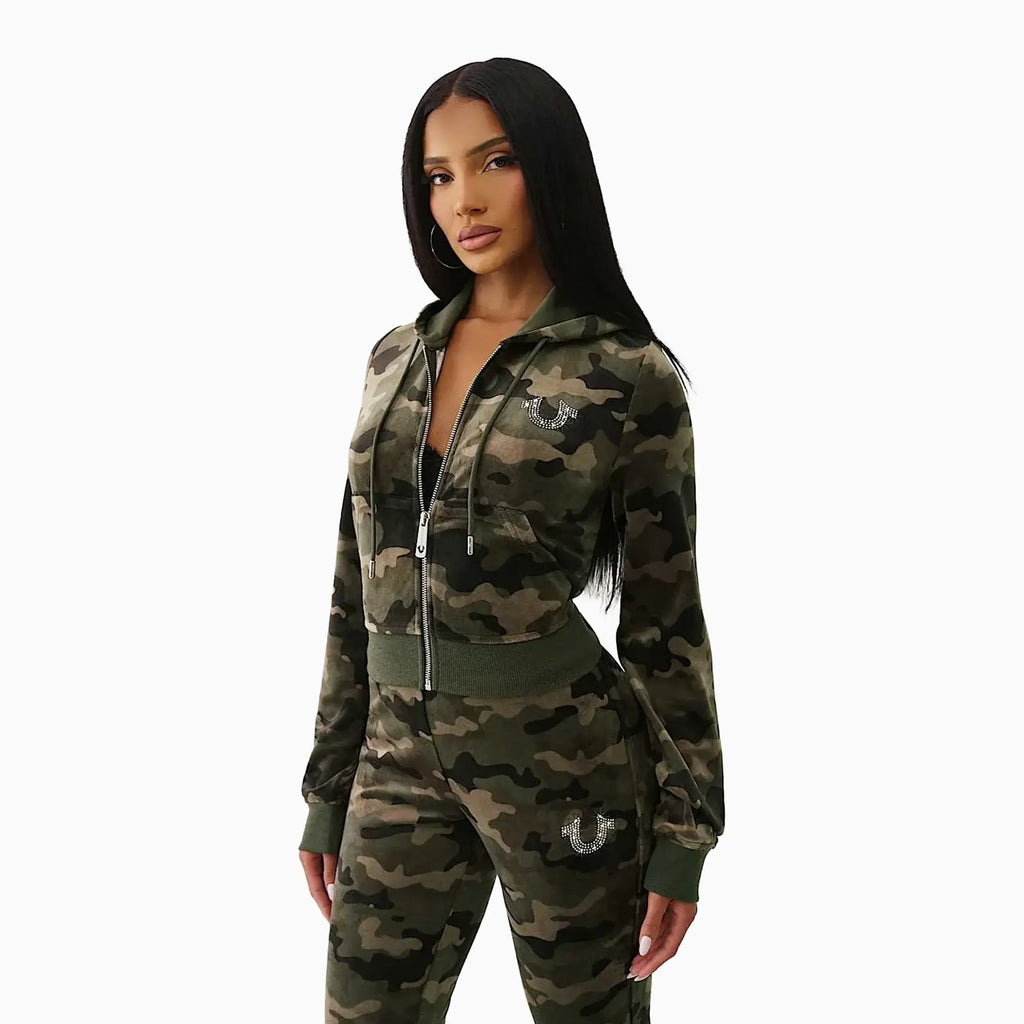 Conjunto de velour camuflado encogido para mujer
