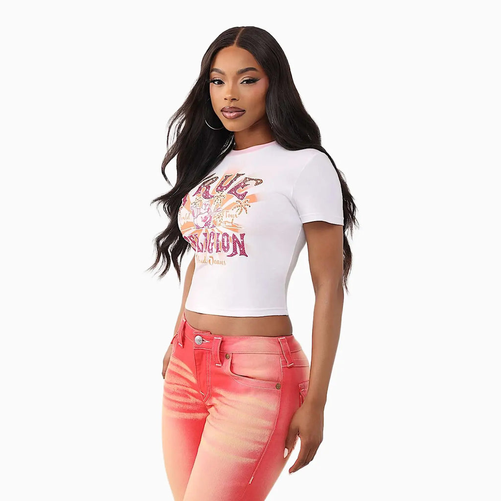 Camiseta corta con logo de cristal para mujer